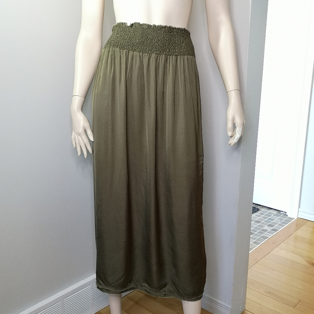 NWT Aerie Skirt Smocked Waistband Side Slits Shiny Satin Khaki Brown Large